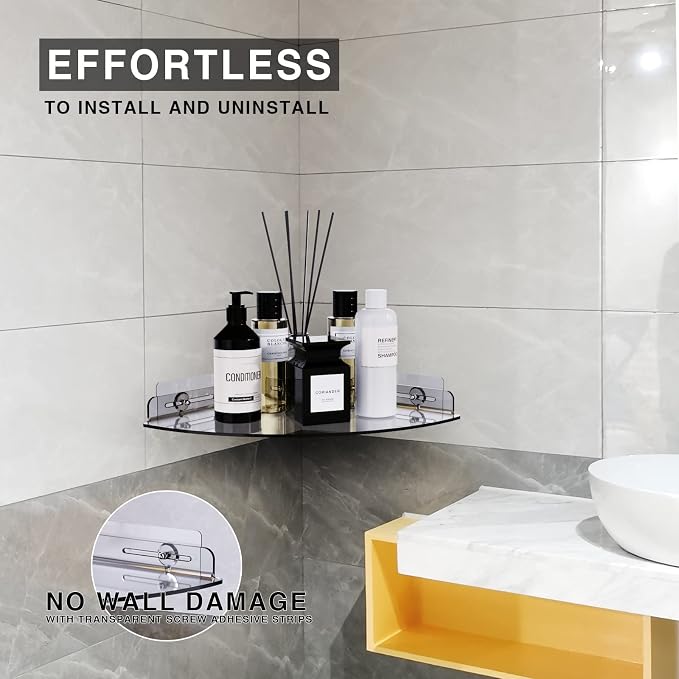 Bakzon Acrylic Corner Shelf 2 Pack, Adhesive Shower Caddy, 0.12" Thick Shatter-Resistant Clear Bathroom Corner Shelves for Tile Wall, No Drill Renter Friendly, 10×10 Inch, 20 lbs Capacity