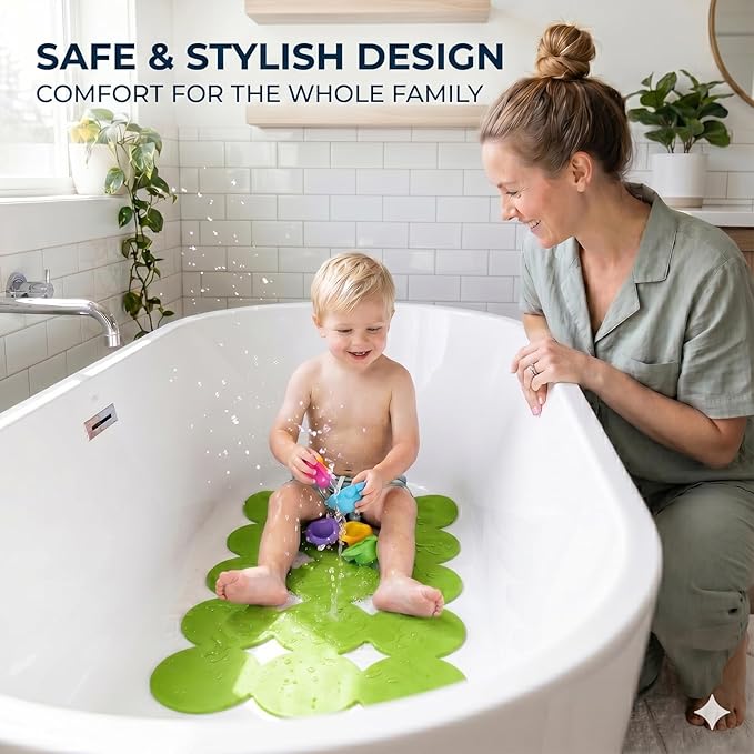 Webos Patented Non Slip Bathtub Mat Shower Mat Bath Mat Tub Mats with Strong Suction Cups Soft Natural Rubber Bath Mat for Inside The tub (Circle-Green, 28x16 inch)