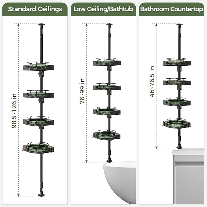 AKINBAS 360° Rotating Shower Caddy Tension Pole with 4-Tier Rustproof Lazy Susan 35-128 Inch No Drilling Coner Shelves Adjustable Shower Rack for Bathroom Bathtub Washbasin Plant Storage (Black+Green)