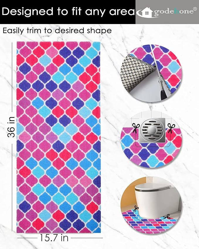 godehone Shower Mats Non Slip Without Suction Cups, PVC Loofah Bathroom Mats, Loofah Mats for Shower and Bathroom, Quick Drying, 15.7× 36 Inch, Colorful Geometric