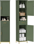 Homhedy 67" H Bathroom Storage Cabinet, Tall Storage Cabinet with Adjustable Shelves, Freestanding Cabinet with Doors and Drawer, Narrow Cabinet for Bathroom, Living Room, Kitchen, Dining Room, Green