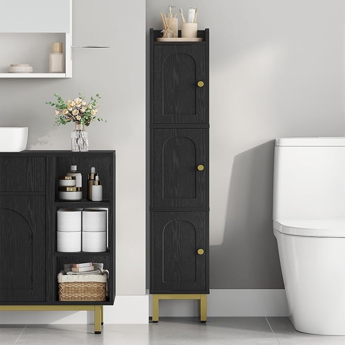 Hzuaneri Slim Bathroom Storage Cabinet, Narrow Bathroom Organizers and Storage with 4 Adjustable Feet, Laundry Room Organization for Small Space, Kitchen, Living Room, 3 Doors Black BC22304G