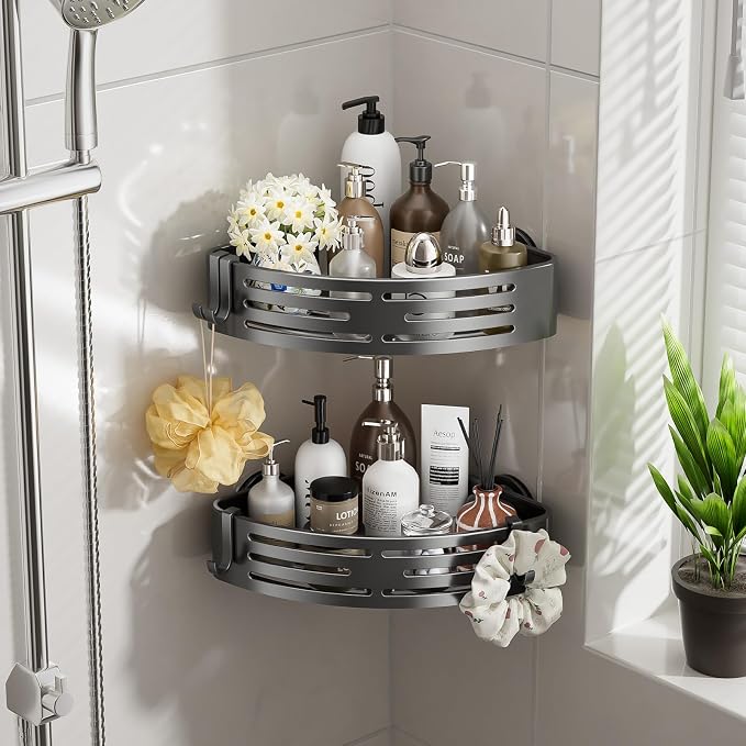 Corner Shower Caddy Suction Cup,Shower Shelves with Hooks,No Drilling Powerful Suction Bathroom Organizers and Storage,Removable Waterproof Rustproof Shower Bathroom Accessories Decor(Grey 2Pack)