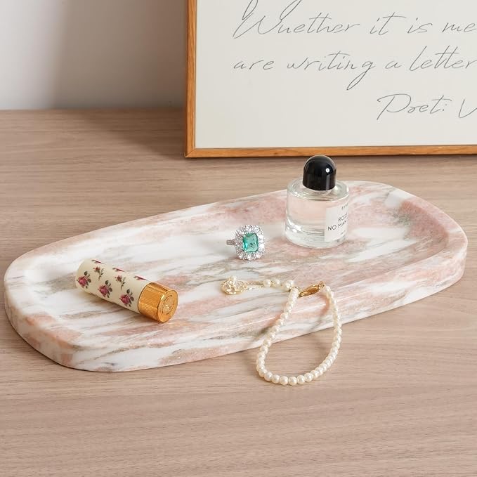 Koville Natural Marble Tray for Bathroom Countertop, Vanity Tray for Decor, Marble Bathroom Trays Stone Storage Trays for Perfume, Jewelry, Candles, Decorative Tray for Dresser Organizer(Norway Red)