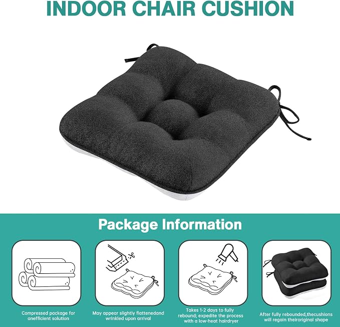 BETU Black Chair Cushions for Dining Chairs Set of 6,3.5" Thick Kitchen Table Chair Pads with Ties,Non Slip Backing and Covers,Seat Cushion for Dining Room,Bar,Patio Chairs,15.5"X15.5"X3.5",Black