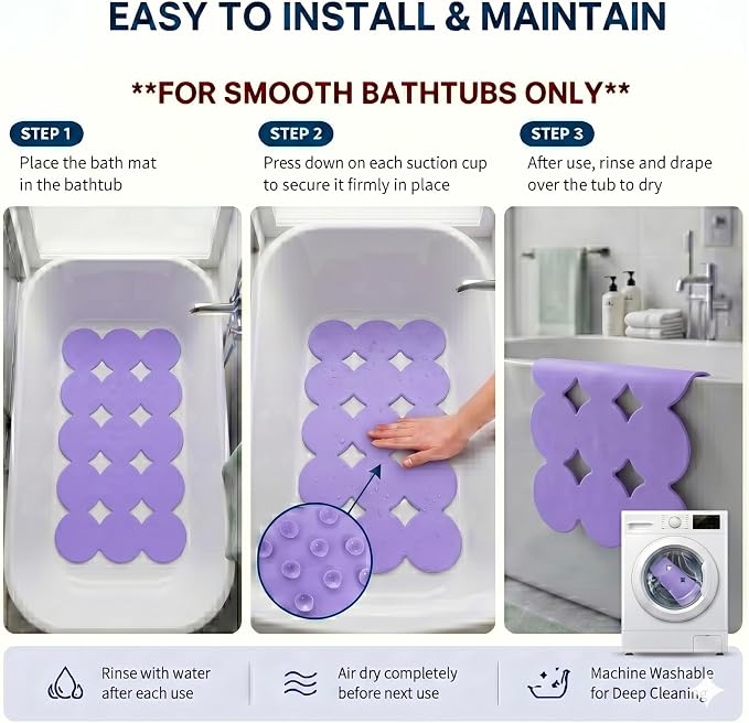 Webos Patented Non Slip Bathtub Mat Shower Mat Bath Mat Tub Mats with Strong Suction Cups Soft Natural Rubber Bath Mat for Inside The tub (Circle-Purple, 28x16 inch)
