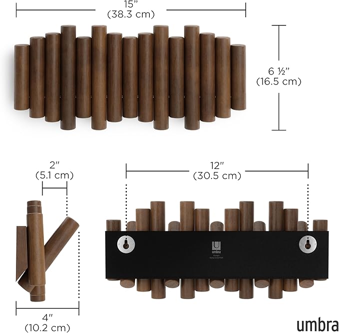 Umbra Picket Wall-Mounted Coat Rack Rail Hook with 5 Retractable Wood Pegs – Modern, Space-Saving Storage Organizer, Walnut