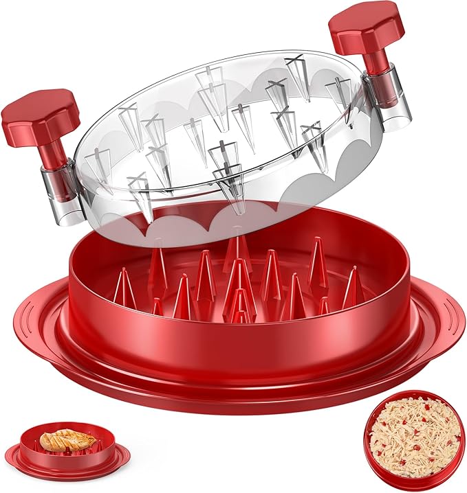 SoulLife Chicken Shredder Tool Twist 8 Inches, Chicken Breast Shredder, BPA free, Food Safe Material, Meat Shredder, Clear Lid, Ergonomic Handle, Strong Anti-slip, Easy to Clean, Dishwasher Safe (Red)