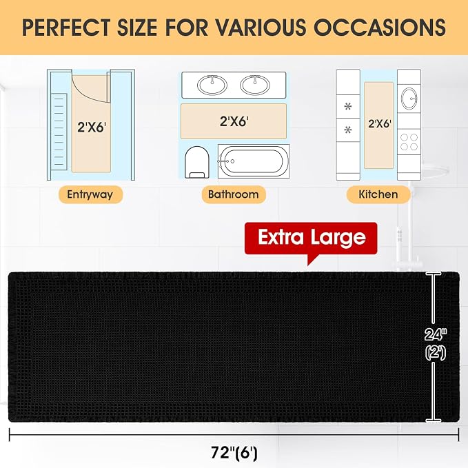 IM HOME Extra Large Waffle Bath Mat, Boho Bathroom Rugs Absorbent Non Slip, Ultra Soft Bathroom Mat, Machine Washable Knit Bath Rugs with Border for Bathroom, Bedroom, Kitchen, Shower, 6'x2', Black