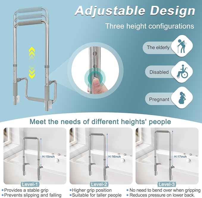 Bathtub Rails for Seniors Shower Grab Bars Clamp on Tub Rail Bath Tub Handles Heavy Duty Safety Support Bar Handicap Tub Bar for Elderly Help Getting Out of Bathtub No Drill Bathroom Grip Bars Devices