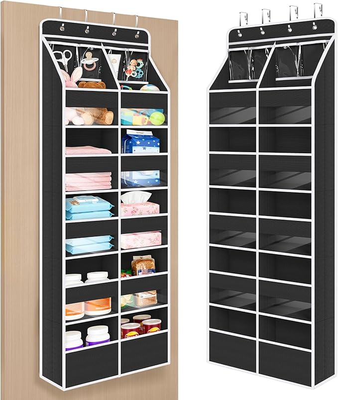 Univivi 6-Shelf Over Door Hanging Organizer Fabric Door Storage for Baby Nursery Nursery Closet Cabinet Wall Mount Hanging Storage Organizers with 10 Deep Pockets and 4 Small PVC Pockets(Black)