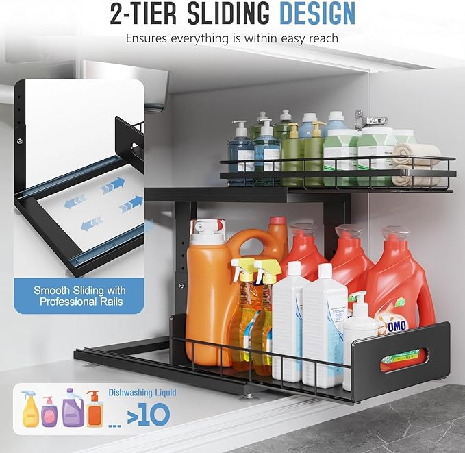 Under Sink Organizer Upgrade To Professional Rails,2-Tier Dual Pull Out Cabinet Storage,Height Adjustable Slide Out Drawers For Bathroom Kitchen,2 Pack-16.7"Dx12.8"-16.9"H,Black