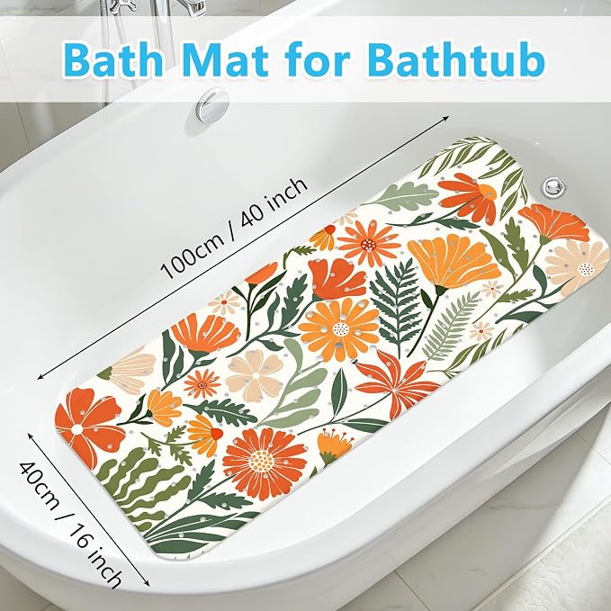 Bath Mat for Tub Non Slip, Aesthetic Bathtub Mats for Girls Non Slip Shower Mat Machine Washable 40"x16" Vintage Flora Tub Mats with Suction Cups and Drain Holes French Retro Style Bath Decor Women