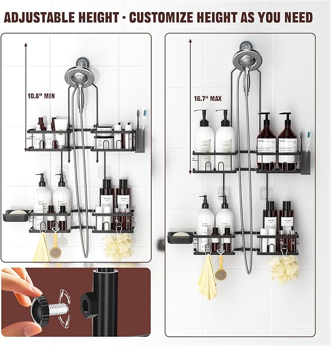 REINHARDT Adjustable Shower Caddy Hanging Rustproof Shower Caddy for Handheld Showerheads, Shower Organizer with Hooks Soap Holder Toothbrush Holder, Anti-Swing Shower Rack Bathroom Accessories, Black
