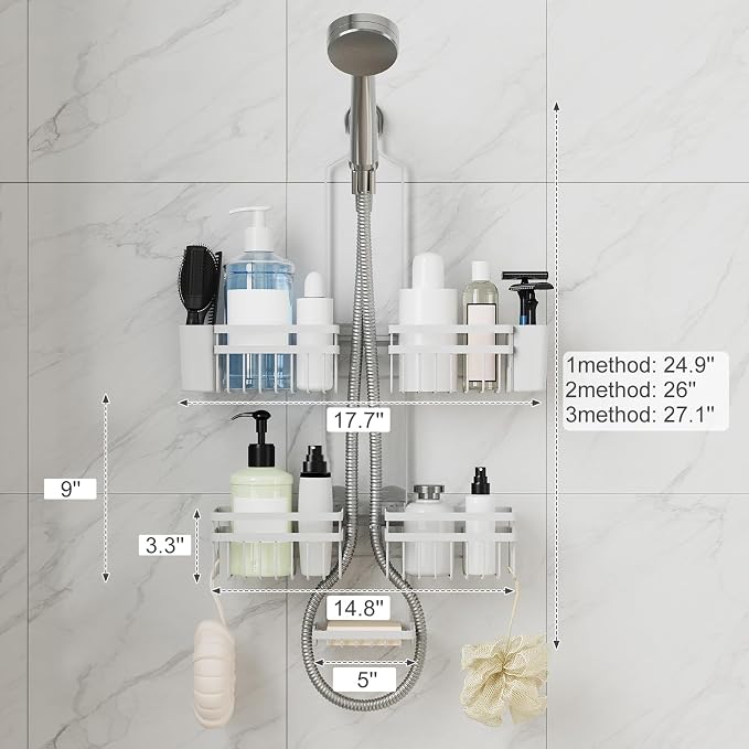 Shower Caddy Hanging for Bathroom Organizers and Storage - 3-Tier Adjustable Anti-Swing Shower Organizer Hanging with Heavy-Duty Suction Cups, Damage-Free Rustproof (White)