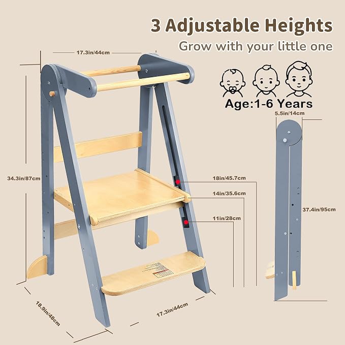 Foldable Toddler Tower Preassembled Kitchen Stool, Folding Tower for Learning with 3 Adjustable Heights Montessori Toddler Standing Tower for Kids Collapsible Wooden Step Stool, Light Gray