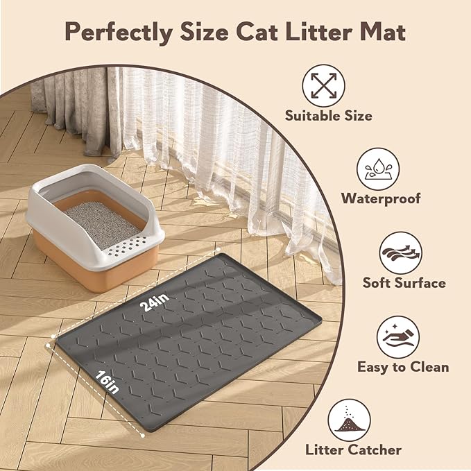Garoopion Cat Litter Box Mat, Silicone Kitty Litter Mat, 24" X 16" Waterproof Silicone Pad for Floor, Dark Gray