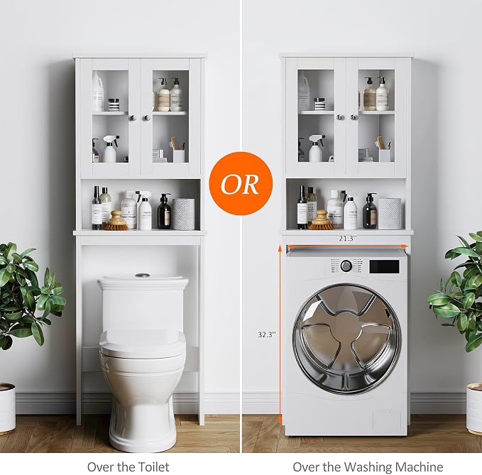 Over The Toilet Storage Cabinet for Bathroom, Storage Organizer Over Toilet, Space Saver with Tempered Glass Doors, White