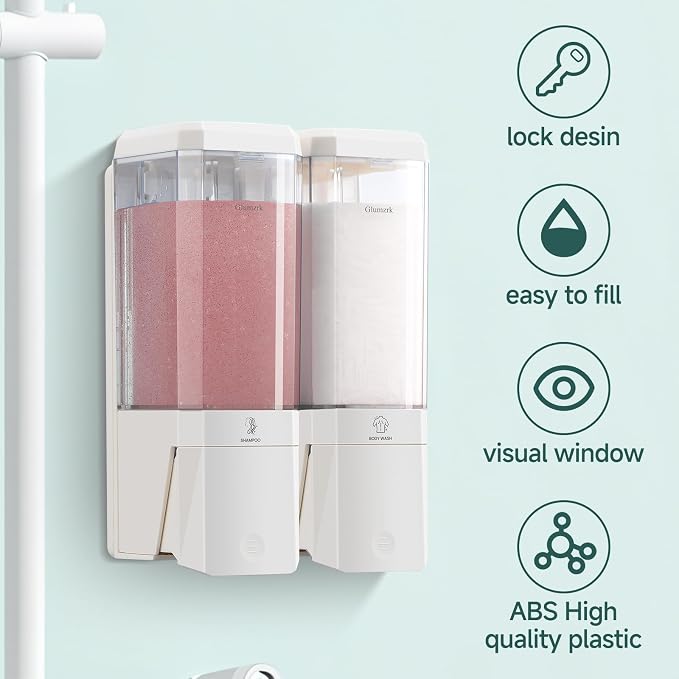 Shampoo and Conditioner Dispenser 2 Chamber No Drill Shampoo Dispenser for Shower Wall Mounted Shower Soap Dispenser 2 * 500ml Refillable Shower Dispenser for Bathroom Hotel,White