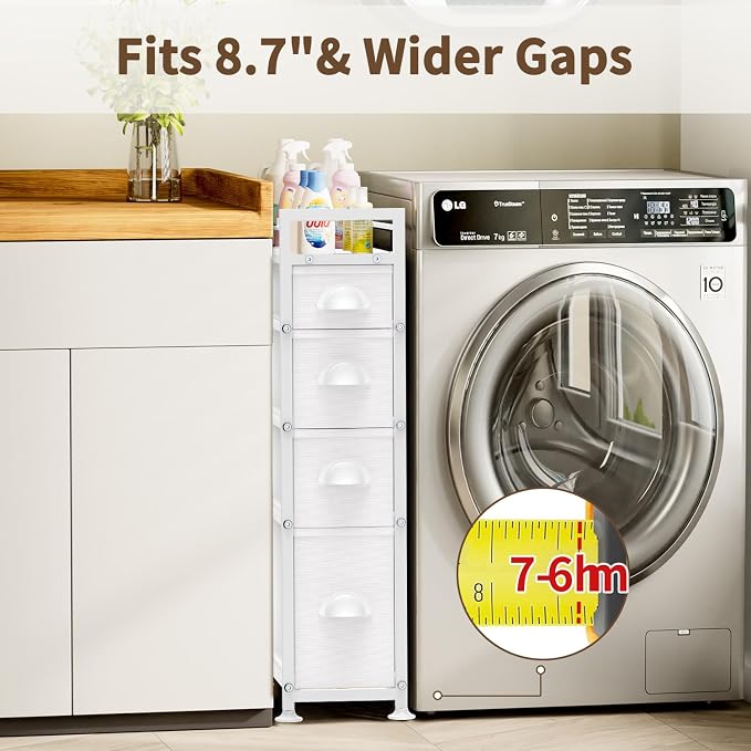 LASZOLA 4 Drawer Narrow Slim Cabinet Skinny Storage Tower Chest, Ideal for Small Spaces, Between Washer and Dryer, Lightweight Mobile on Wheels, Sturdy Fabric Drawers, White