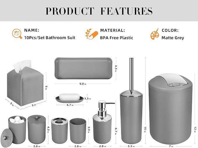 Grey Bathroom Accessories Set, 10Pcs Bathroom Accessory Set with Trash Can, Soap Dispenser and Toothbrush Holder, Soap Dish, Cotton Ball & Qtip Holder, Toilet Brush Holder, Tissue Box Cover