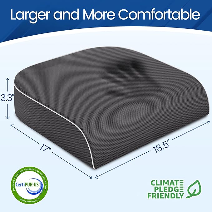 SweetSlubr Seat Cushion for Tailbone Pain Relief, Office Chair Cushion, Memory Foam Large Chair Cushion with Non-Slip Cover for Soft Support at Office Chair, Car Seat, Airplane Grey/XLarge