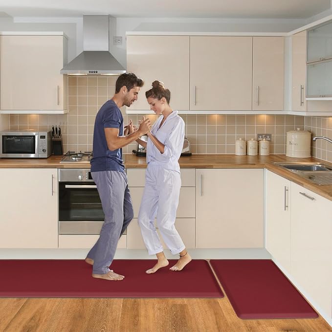 HappyTrends 2 PCS Kitchen Mat Cushioned Anti-Fatigue Floor Mat, Heavy Duty Ergonomic Comfort Foam Standing Mat, Waterproof Non-Slip Kitchen Rugs for Home, Office(20"x30"+20"x60",Red)