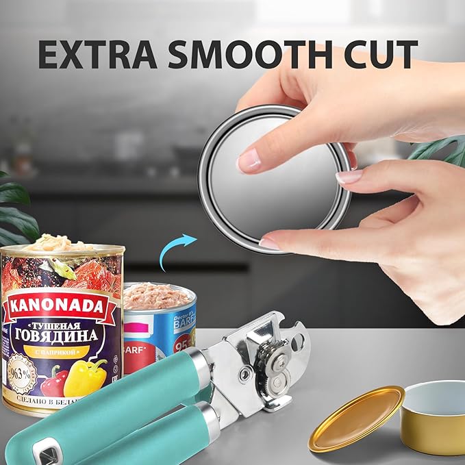 Safring Can Opener Manual, Heavy Duty Handheld Strong Can Opener with Soft Touch Handle, Sharp Blade Smooth Edge, Can Openers with Multifunctional Bottle Opener, Aqua Sky