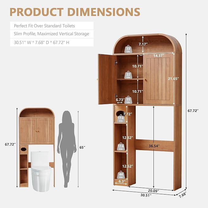 LEVNARY 31" Wide Over the Toilet Storage with Toilet Paper Holder, Arched Bathroom Organizer with Fluted Doors, 4-Tier Space Saving Freestanding Cabinet with Adjustable Shelves (Caramel)
