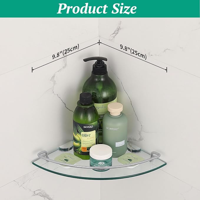 2 Ties Glass Corner Shelf with SUS 304 Stainless Steel Rail Chrome Finished, Esquinero para baños, Rustproof Tempered Glass Shelf, Shower Caddy Organizer 9.8" x 9.8"