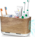Boperzi Toothbrush and Toothpaste Holder Wood Grain for Bathroom Countertop with Adjustable Dividers, Toothpaste Caddy Organizer Storage Rustic Decor Set Freestanding Anti-Slip for Shower,Family,Kids