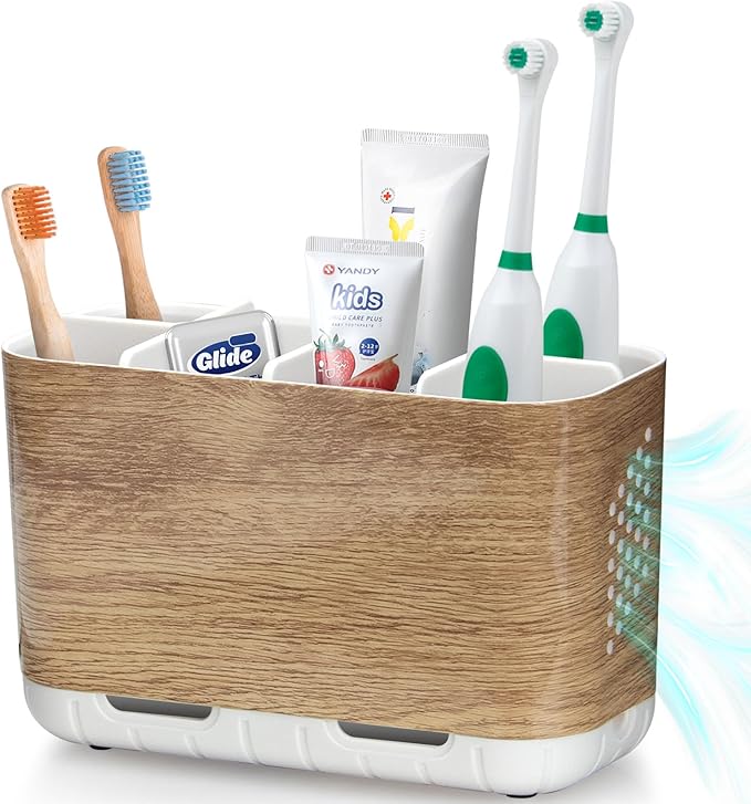 Boperzi Toothbrush and Toothpaste Holder Wood Grain for Bathroom Countertop with Adjustable Dividers, Toothpaste Caddy Organizer Storage Rustic Decor Set Freestanding Anti-Slip for Shower,Family,Kids