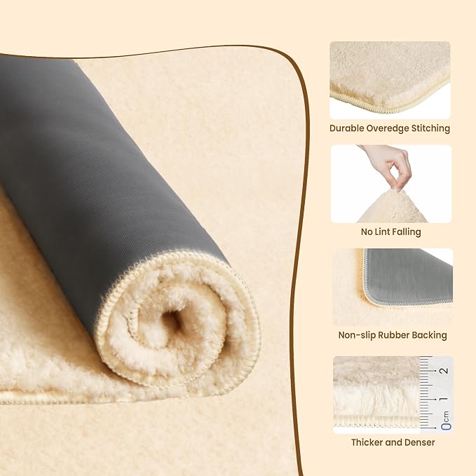 TECHMILLY Fluffy Bathroom Rug Mat Small 24x17, Absorbent Thick Microfiber Mats with Non Slip Rubber Backing, Quick Dry Machine Washable Bath Rugs for Bathroom Floor, Bathtub and Shower, Cream