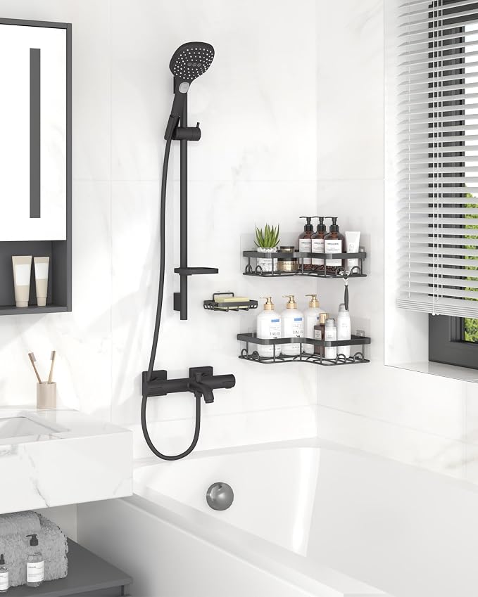 Sakugi Corner Shower Caddy - 3-Pack Shower Organizer with Soap Holder & Built-In Hooks, Rustproof Metal Shower Shelves, Laundry, Kitchen, Bathroom Organizers and Storage Solution, Large, Black