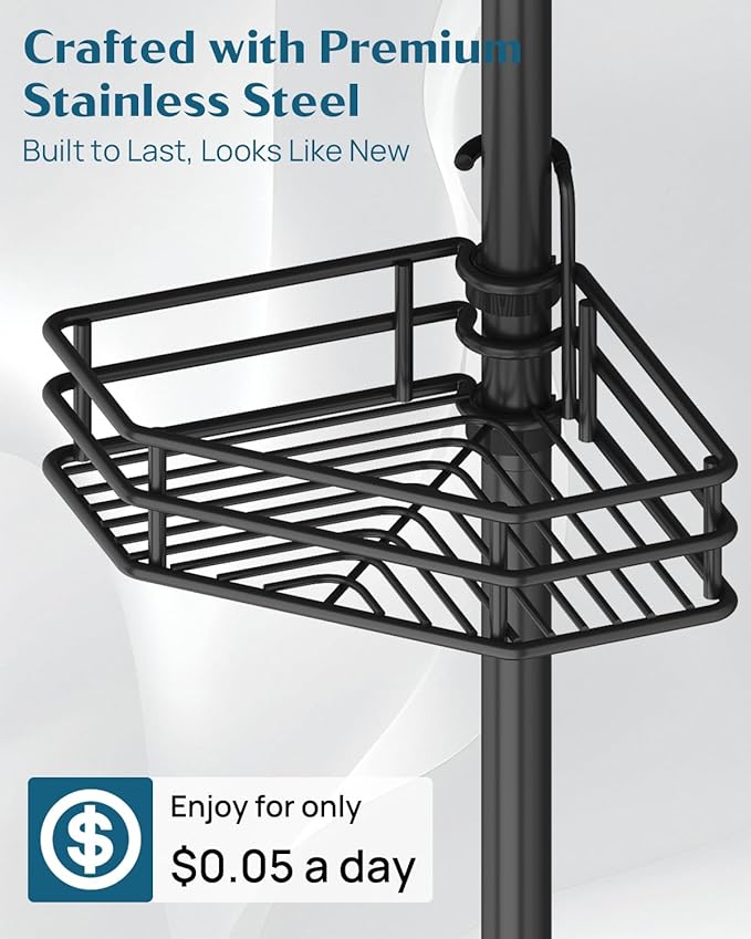 SEIRIONE Corner Shower Caddy Tension Pole, Quick Setup, Rust-Free Bathroom Shower Organizer Corner for Bathtub Shampoo Storage, 4-Tier Adjustable Shelf, Drill Free, Fits 34 to 116 Inch Height, Black