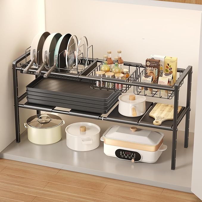 Mustorn Pots and Pans Organizer Under Cabinet, Expandable 2 Tier Under Sink Organizers Storage Adjustable Height Kitchen Pot and Pan Lid Holder Rack with 6 Dividers(4panels,2baskets,1 Pot rack,Black)