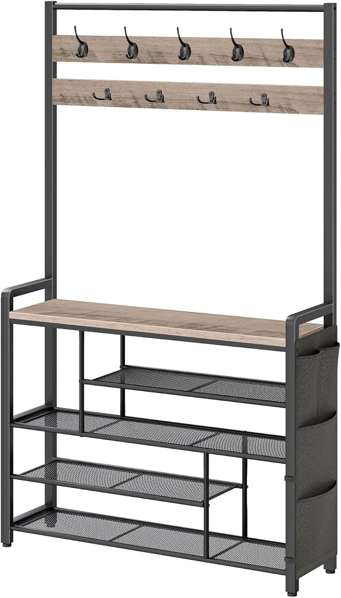 HOOBRO Hall Tree with Bench, Shoe Rack with Coat Rack, 39.4" Coat Rack with Shoe Storage, 5 Tier Shoe Storage Organizer, Oxford Fabric Side Pockets, Coat and Shoe Rack Entryway, Greige BG46MT01