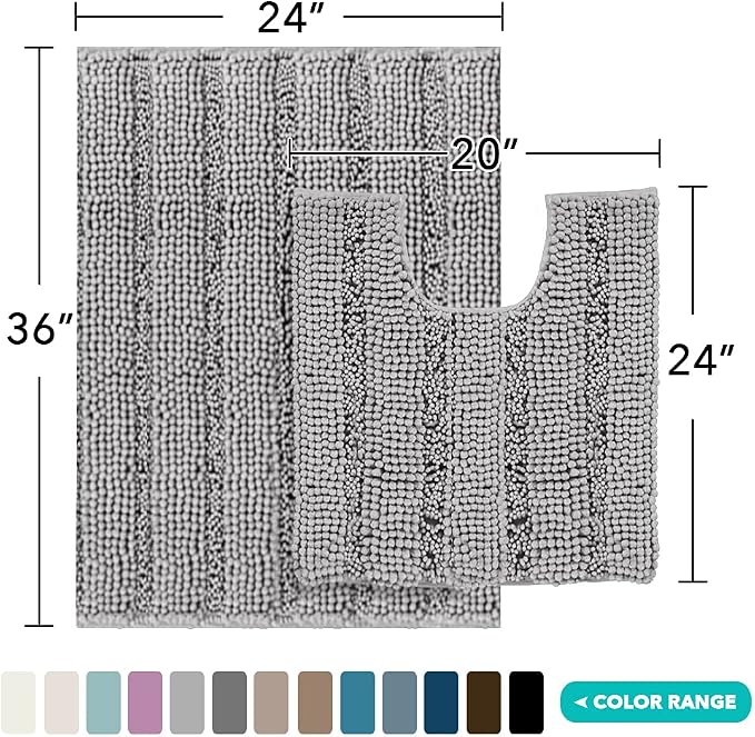 Turquoize Chenille Bathroom Rugs Set Non-Slip Bath Mats for Bathroom Super Absorbent Shaggy Rugs for Tub Shower Toilet Plush Bath Rug Plus U Contour Rug (Oversized: 24" x 36" and 20" x 24" U), Dove
