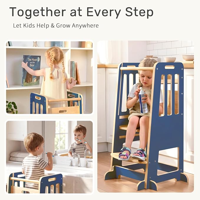 WINGYZ Toddler Tower - Anti-Tip Natural Wood Learning Stool Helper for Kids 18M-6Y, 150lb Capacity Kitchen Stool with 3-Height Adjustable Platform and Sliding Door Access, 20lb Portable Design, DK BLU