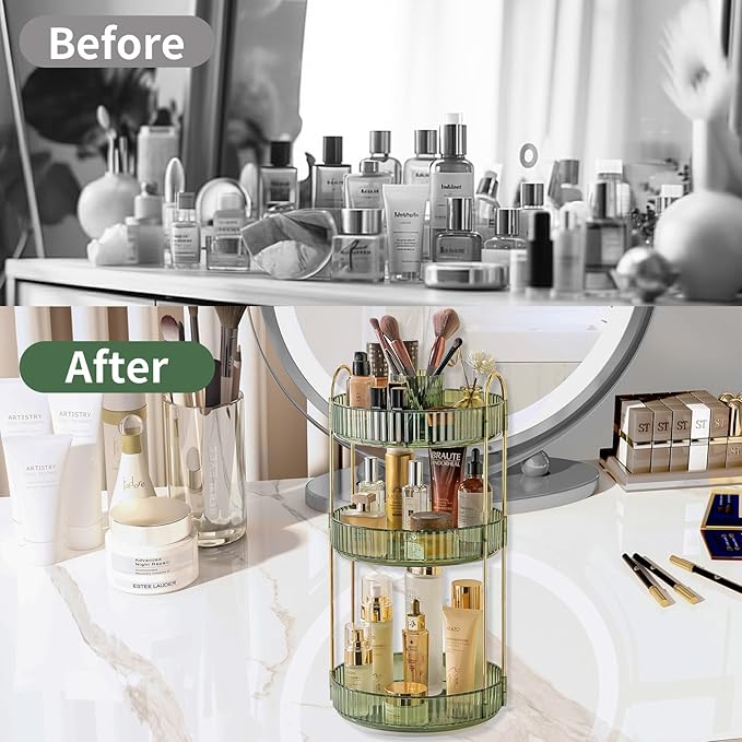 Asayuee 360 Rotating Makeup Organizer,3 Tier Large Capacity Make Up Organizers and Storage,Skincare Perfume Vanity Organizers,Bathroom Cosmetics Storage Organizer Countertop (Green)