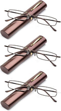 3 Packs Pocket Readers Ultra Slim Compact Reading Glasses Spring Temple w/Portable Pocket Clip Aluminum Case Brown +1.50