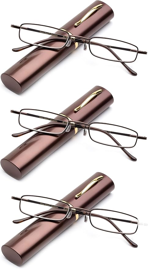 3 Packs Pocket Readers Ultra Slim Compact Reading Glasses Spring Temple w/Portable Pocket Clip Aluminum Case Brown +1.50