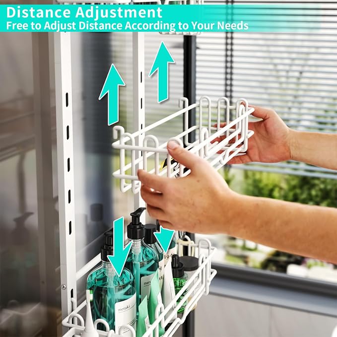 HapiRm 4 Tier Over the Door Shower Caddy, Hanging Shower Caddy with 22 Hooks and 2 Toothbrush Holders, No Drilling Adjustable Hanging Bathroom Organizer - White