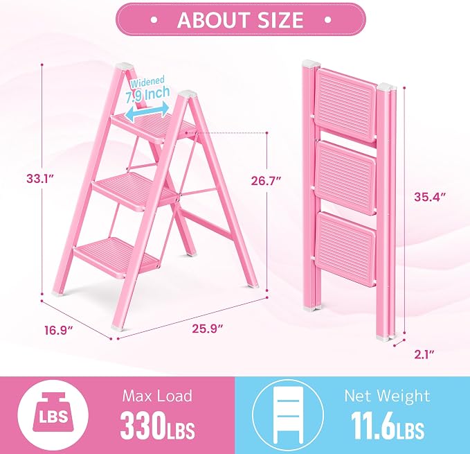 Pink Step Ladder 3 Step Folding, Small Step Stool for Women to Reach Higher Places, Widen 7.9Inch Pedal for Comfortable Use, Anti-Slip Foot for Safe Use, Sturdy and Fold Thin, 330Lbs Load