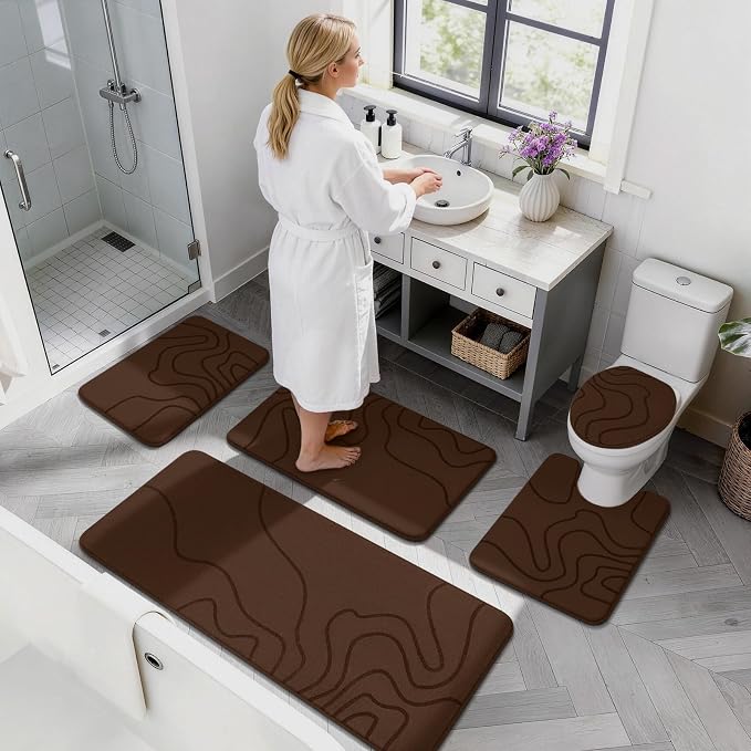 YIHOUSE Memory Foam Bathroom Rugs Sets 3 Piece - Extra Thick Ultra Soft Absorbent Bath Mat Set, Non-Slip Machine Washable Bath Rugs for Bathroom, Tub & Shower, Home Decor Accessories, Coffee