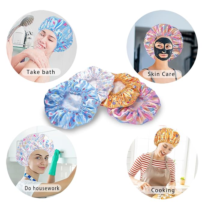 4 PCS Shower Cap for Women, Elastic and Reusable Bath Caps, Double Layers Shower Caps Reusable Waterproof, Bathing Shower Caps, Environmental Bath Hair Protection Cap - Watermelon