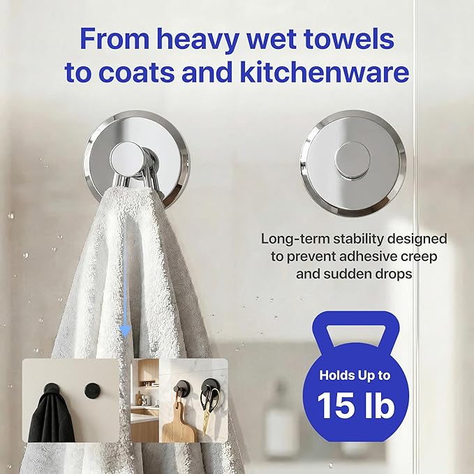 HOME SO Suction Cup Hooks for Shower & Bathroom Towel Holder 2-Pack – Suction Cups Hooks for Hanging Towels, Robes, & Coats - Tiles, Glass Door or Mirror – Shower Hooks & Towel Hooks Organizer -Chrome