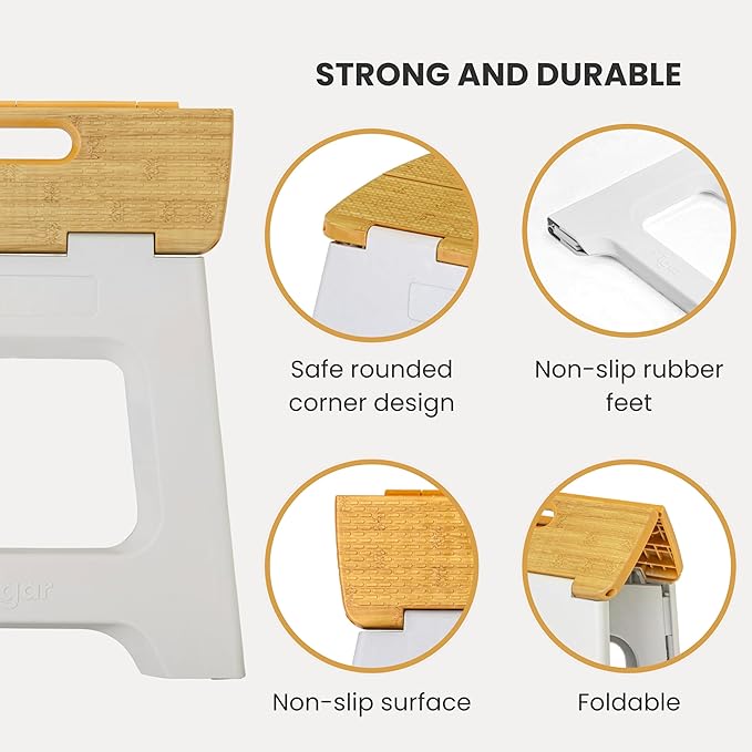 Vigar Compact Folding Step Stool - 12-1/2 Inch Foldable Step Stool for Adults, Lightweight Portable Stool with Handle, Non Slip Step Stool, Space-Saving Stool up to 330 lb - Grey, Bamboo Print Top