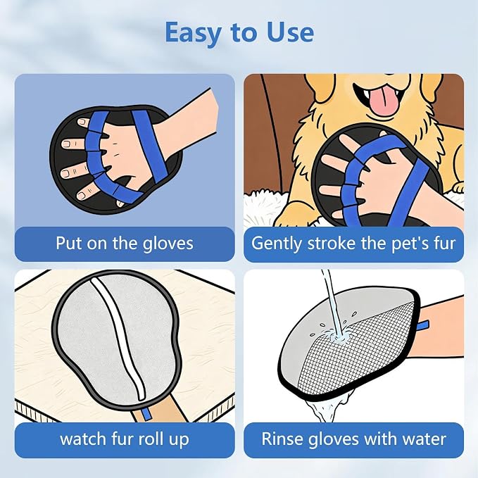Pet Hair Removal Glove for Dogs & Cats, Reusable Washable Electrostatic Pet Hair Remover Glove, Pet Hair Mitt with Finger Straps for Couch, Carpet, Car Seats, Clothes, Furniture, Blue