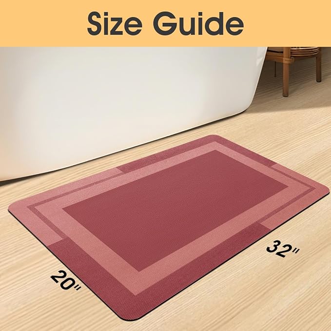 ACCUMTEK Non Slip Bath Mat, Thin Bathroom Rugs Fit Under Door, Quick Dry Bath Mats, Machine Washable Bath Rugs for Bathroom, Bathtub & Kitchen, Red/Bordered/32 x20